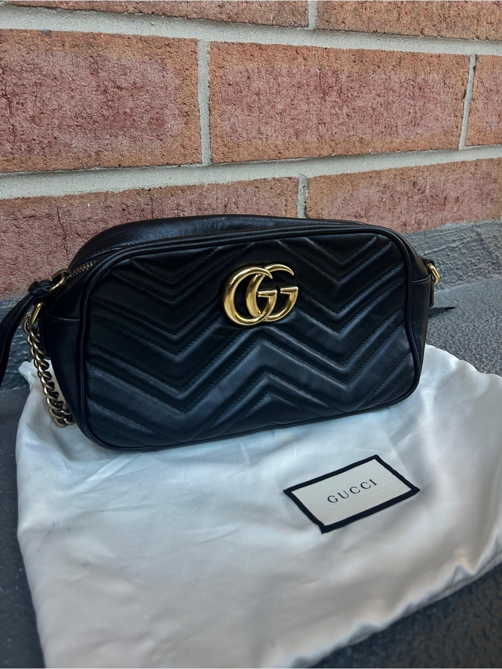 Gucci Black Quilted GG Marmont Chevron Crossbody with Gold Hardware w/ dust bag